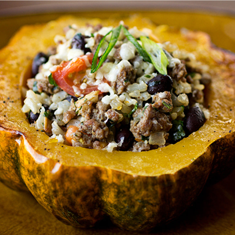 FRIDAY SPECIAL: Stuffed Acorn Squash w/Sausage & Brown Rice, Dinner for one